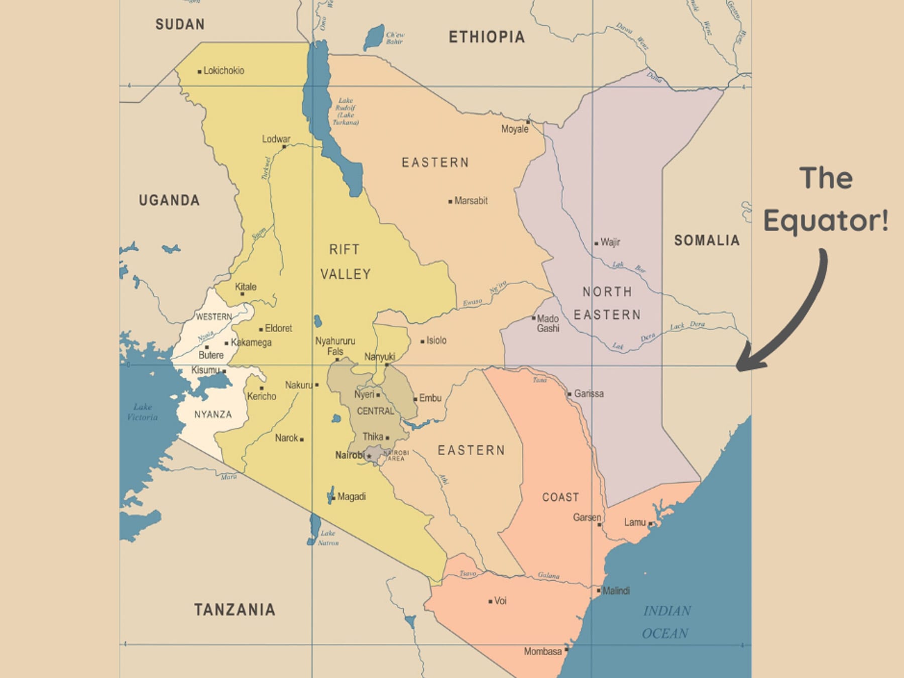 Kenya borders five countries and the Equator runs through the centre of the country. Image by dikobrazik, 123rf.com, annotations by Ayaan Chitty.